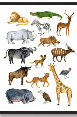 Afrikas dyr - håndtegnet plakat (Størrelse: L - 50x70cm (B2))