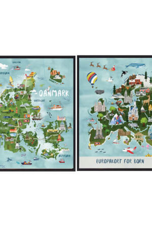 Danmark + Europa - håndtegnede plakat (Størrelse: L - 50x70cm (B2))