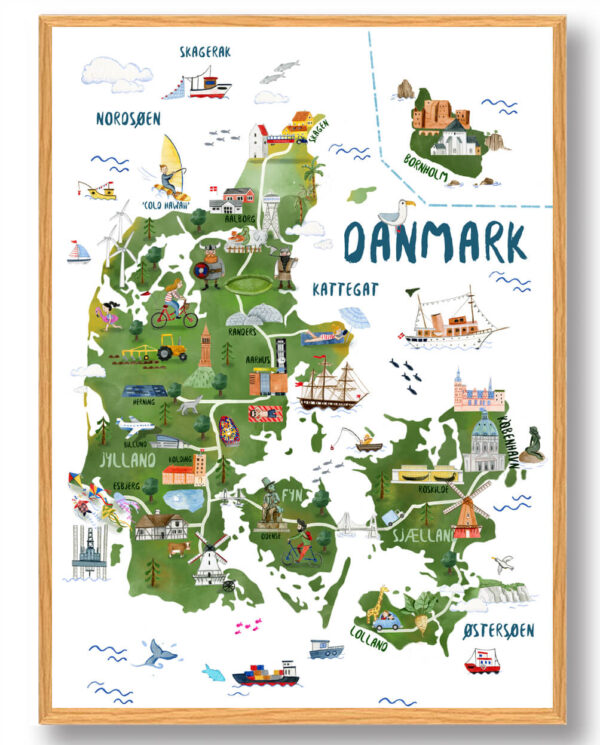 Danmarkskort - håndtegnet plakat (Størrelse: L - 50x70cm (B2))