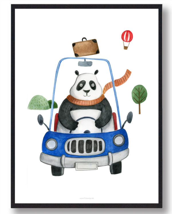 Panda i bil - håndtegnet plakat (Størrelse: S - 21x29