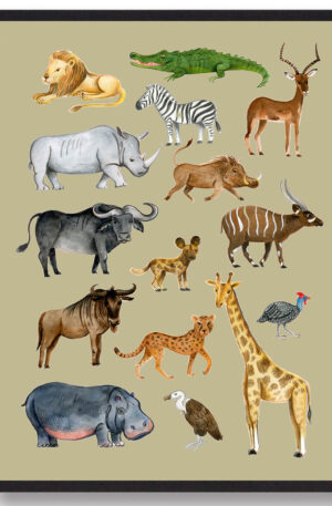 Afrikas dyr - håndtegnet plakat (gul) (Størrelse: L - 50x70cm (B2))
