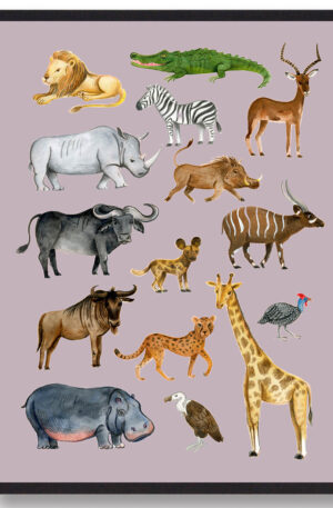 Afrikas dyr - håndtegnet plakat (lyserød) (Størrelse: L - 50x70cm (B2))