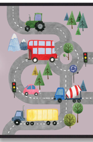 Biler på vejen - håndtegnet plakat (lyserød) (Størrelse: S - 21x29