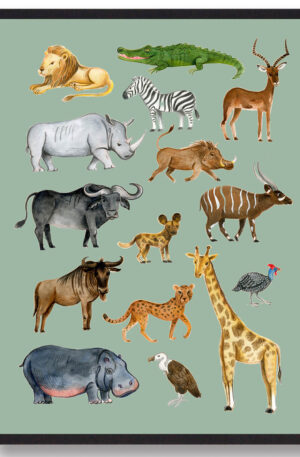 Afrikas dyr - håndtegnet plakat (grøn) (Størrelse: L - 50x70cm (B2))