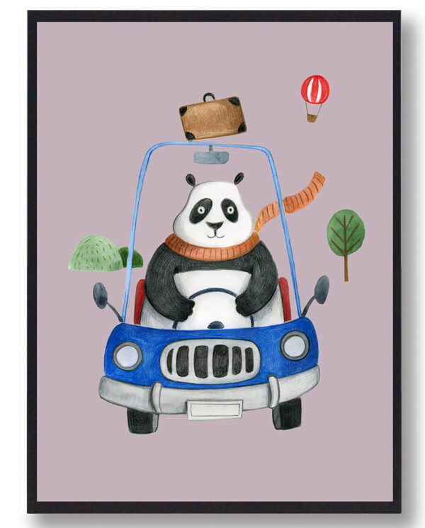 Panda i bil - håndtegnet plakat (lyserød) (Størrelse: S - 21x29