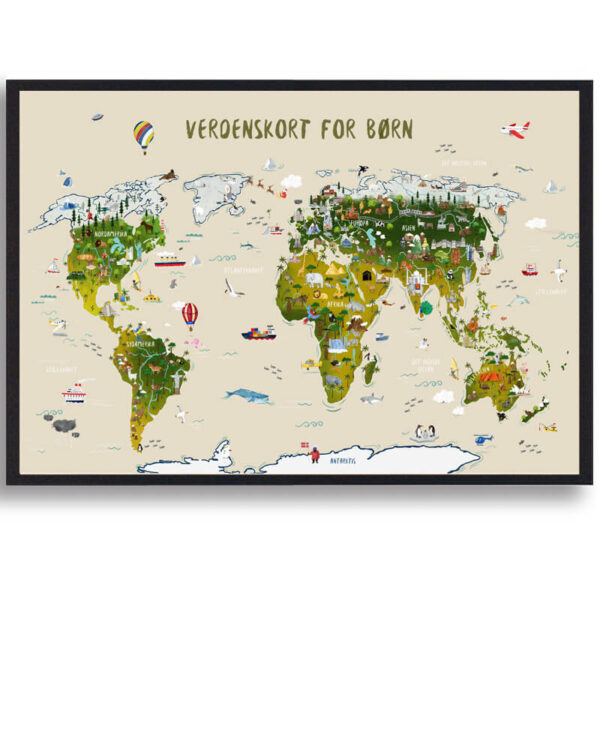 Verdenskort til børn - håndtegnet plakat (Størrelse: L - 50x70cm (B2))